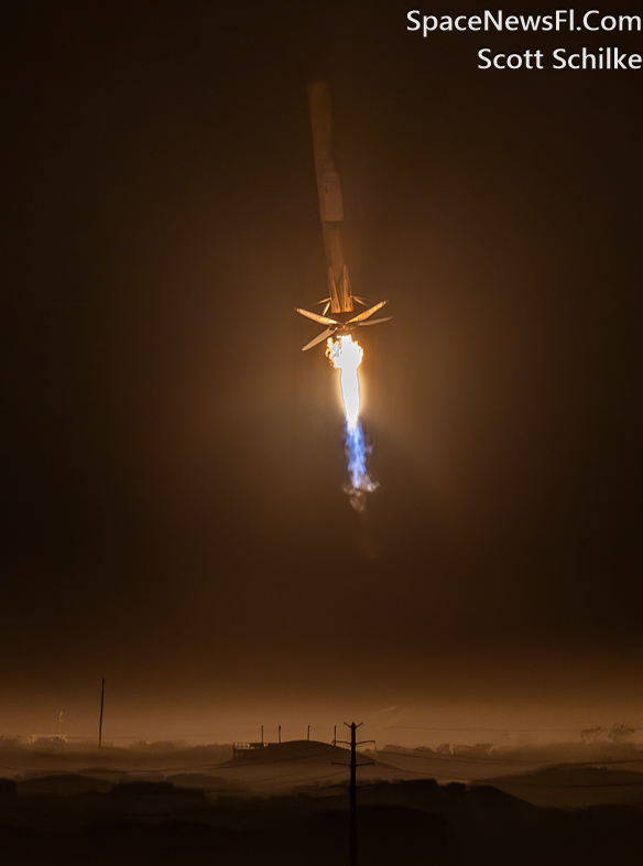 A beautiful SpaceX Falcon 9 booster during landing burn at LZ-1