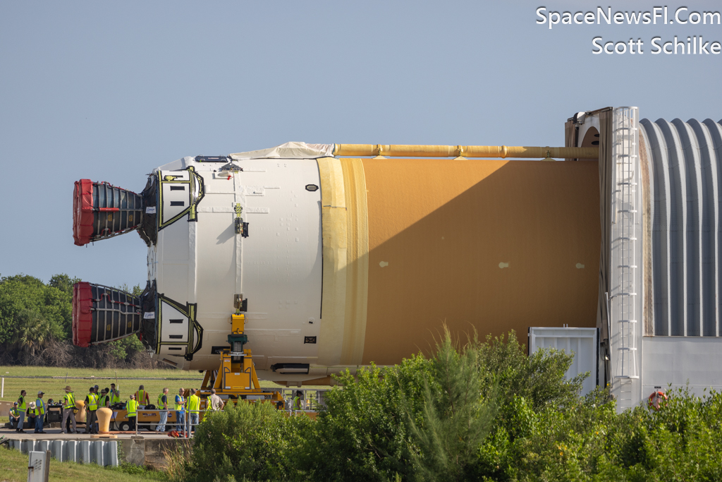 The NASA Artemis 2 Core Stage With 4 RS25 Engines Offload From Pegasus Barge