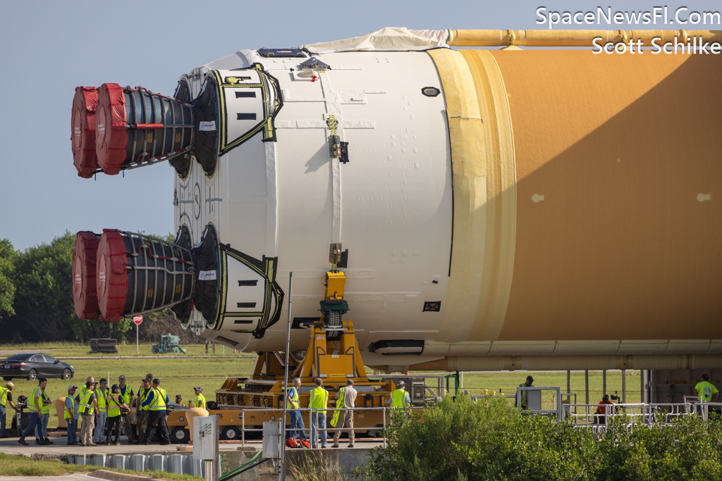 The NASA Artemis 2 Core Stage With 4 RS25 Engines Offload From Pegasus Barge