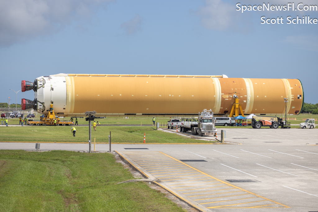 The NASA Artemis 2 Core Stage With 4 RS25 Engines Offload From Pegasus Barge