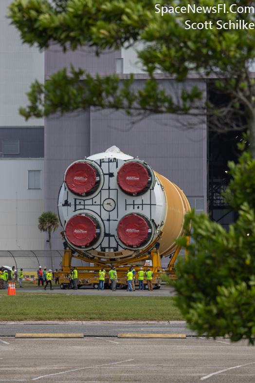 The NASA Artemis 2 Core Stage With 4 RS25 Engines Offload From Pegasus Barge