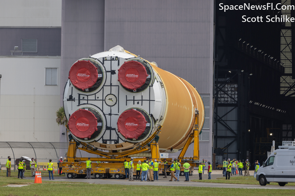 The NASA Artemis 2 Core Stage With 4 RS25 Engines Offload From Pegasus Barge