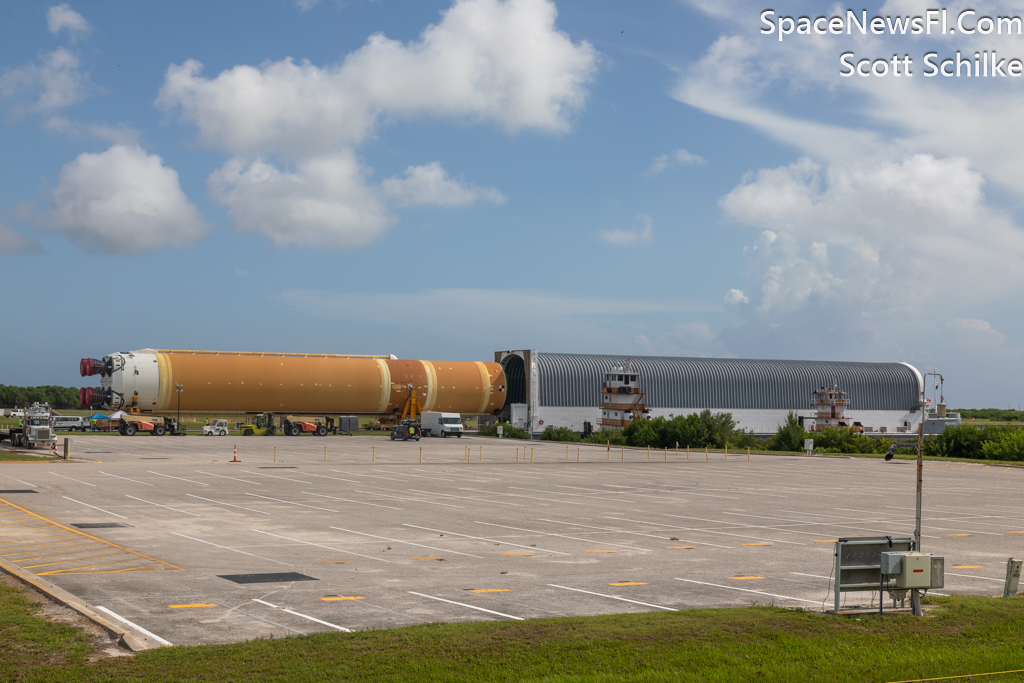 The NASA Artemis 2 Core Stage With 4 RS25 Engines Offload From Pegasus Barge